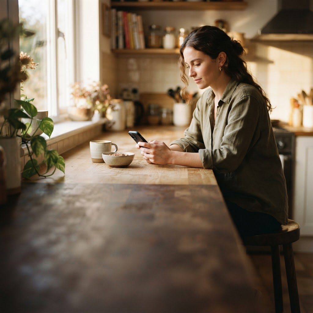 A woman glancing at her phone in warm morning light at a kitchen counter.