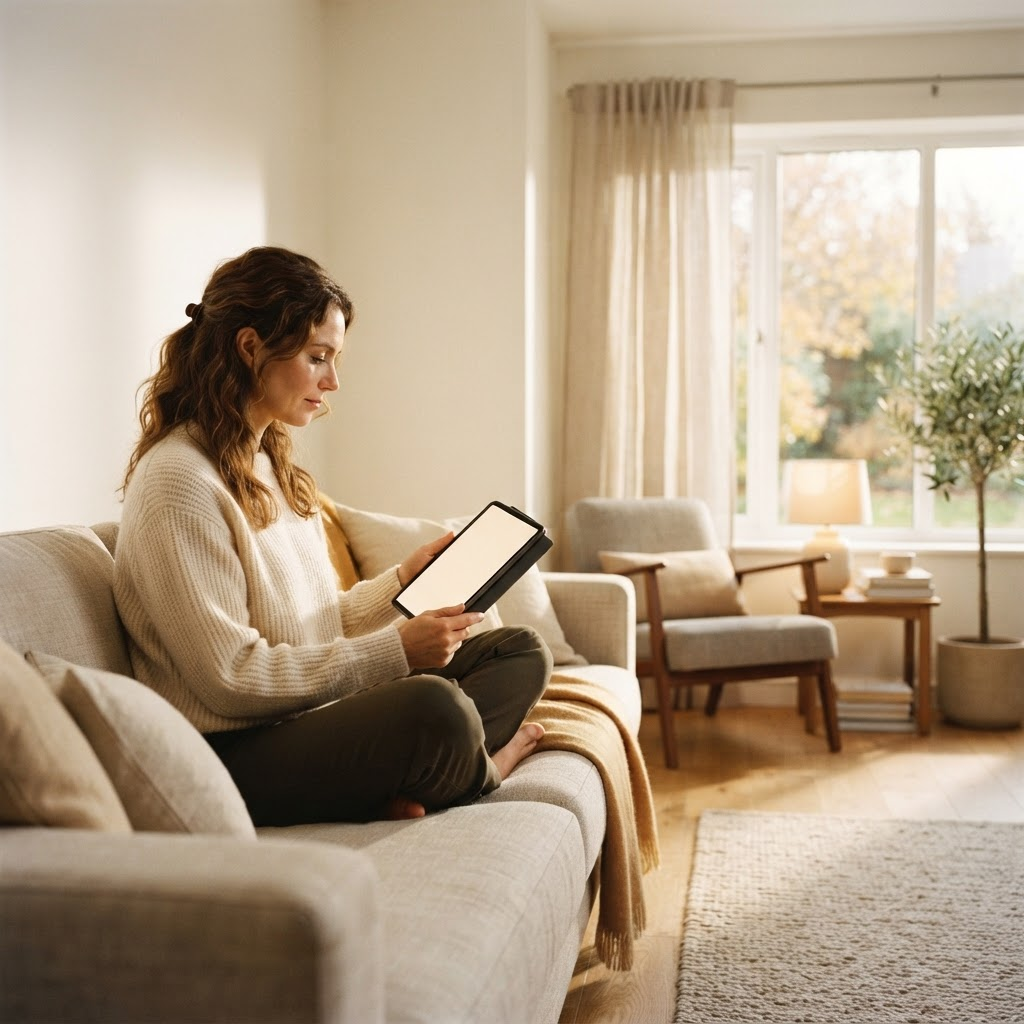 A woman sitting on a sofa in warm afternoon light, using VISNIRA on a tablet.